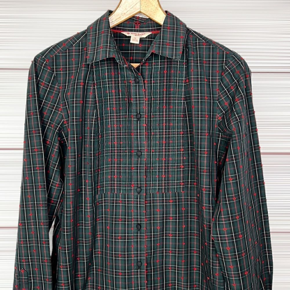 Brooks Brothers Red Fleece Tartan Plaid Pleated Front Button Down Blouse Shirt